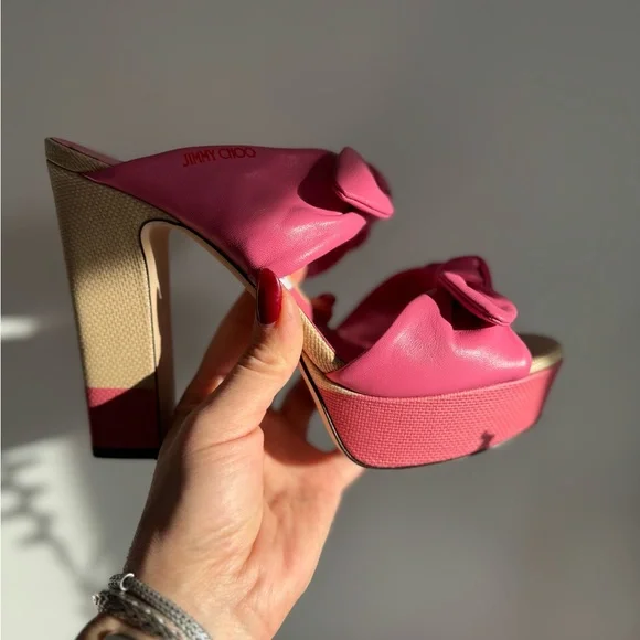 Jimmy Choo Pink Platform Heels with Bow Accents - Picture 4 of 9